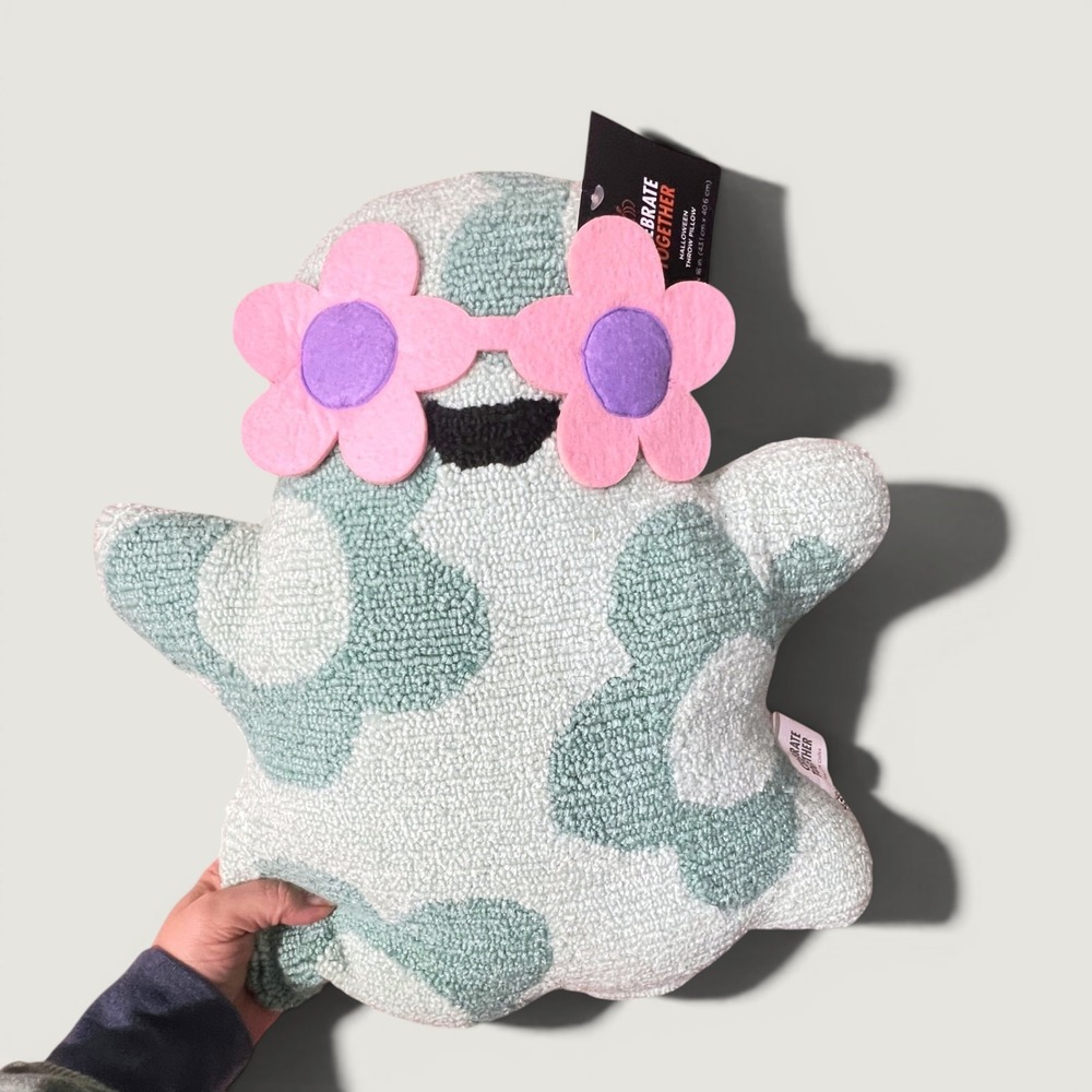 Celebrate Together Pastel Hooked Ghost Halloween Throw Pillow Flower Sunglasses